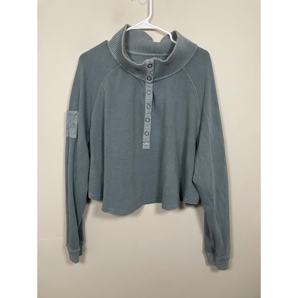 Free People Light Slate Blue Ribbed Henley Pullover